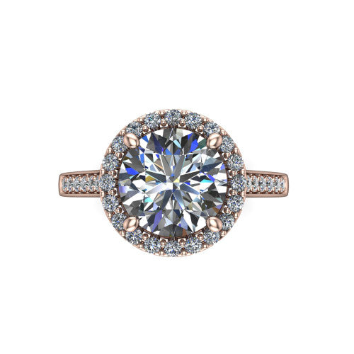 Brooke round halo engagement ring in 14K Rose Gold, top-down view showing the center framed by a round pav&eacute; halo with compass prongs