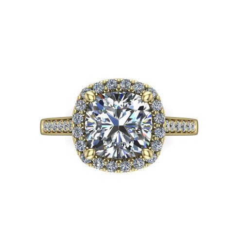 Brooke cushion halo engagement ring in 14K Yellow Gold, top-down view showing the center framed by a cushion pav&eacute; halo with compass prongs