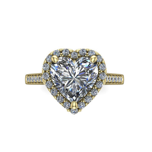 Brooke heart halo engagement ring in 14K Yellow Gold, top-down view showing the center framed by a heart pav&eacute; halo with compass prongs