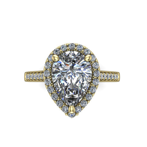 Brooke pear halo engagement ring in 18K Yellow Gold, top-down view showing the center framed by a pear pav&eacute; halo with compass prongs