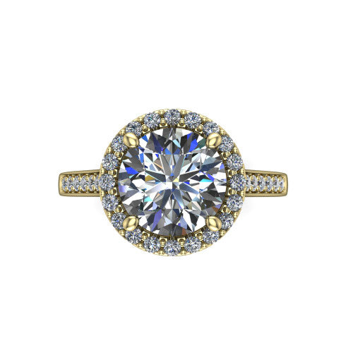 Brooke round halo engagement ring in 14K Yellow Gold, top-down view showing the center framed by a round pav&eacute; halo with compass prongs