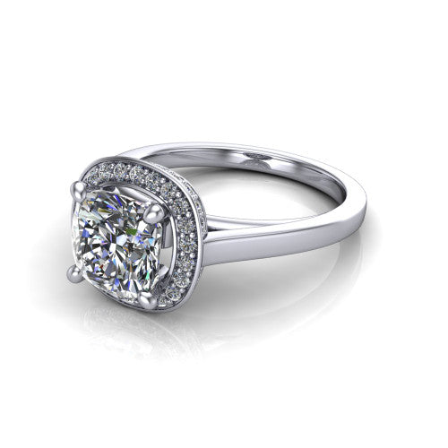 Hayden cushion halo engagement ring in 14K White Gold, three-quarter perspective showing the haloed center above a plain polished band with a peekaboo gallery accent