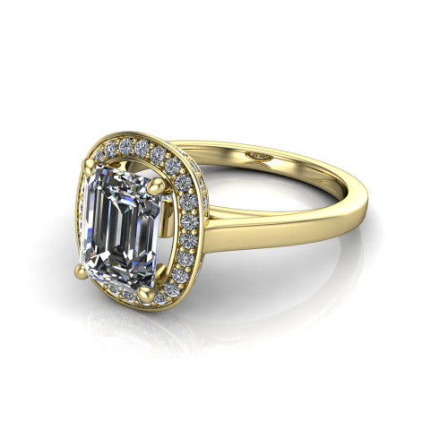 Hayden emerald halo engagement ring in 14K Yellow Gold, three-quarter perspective showing the haloed center above a plain polished band with a peekaboo gallery accent
