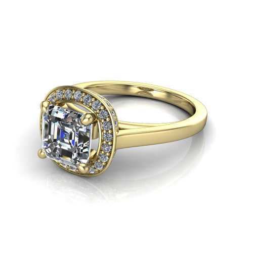 Hayden square emerald halo engagement ring in 14K Yellow Gold, three-quarter perspective showing the haloed center above a plain polished band with a peekaboo gallery accent