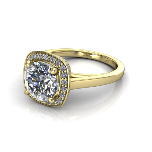 Hayden round halo engagement ring in 14K Yellow Gold, three-quarter perspective showing the haloed center above a plain polished band with a peekaboo gallery accent