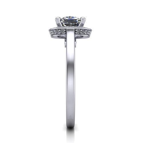 Hayden cushion halo engagement ring in 14K White Gold, side profile showing the plain polished band and gallery accent in profile