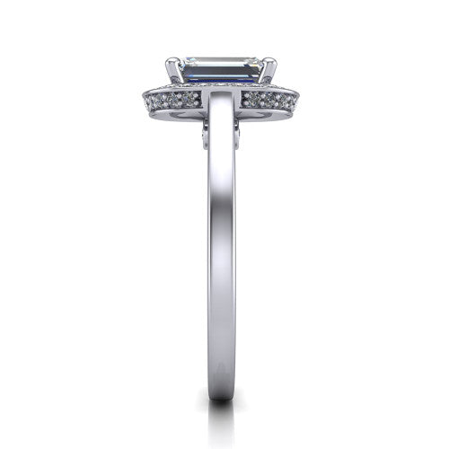 Hayden emerald halo engagement ring in Platinum, side profile showing the plain polished band and gallery accent in profile