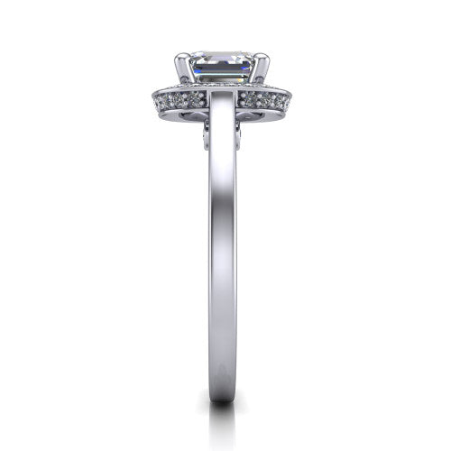 Hayden square emerald halo engagement ring in 18K White Gold, side profile showing the plain polished band and gallery accent in profile