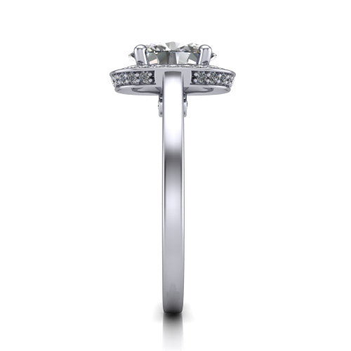 Hayden oval halo engagement ring in 14K White Gold, side profile showing the plain polished band and gallery accent in profile