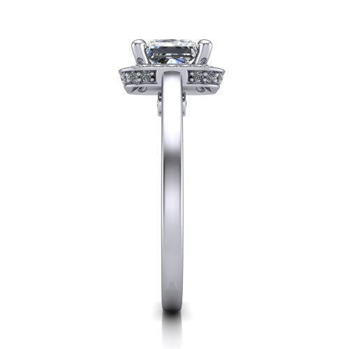 Hayden princess halo engagement ring in 18K White Gold, side profile showing the plain polished band and gallery accent in profile