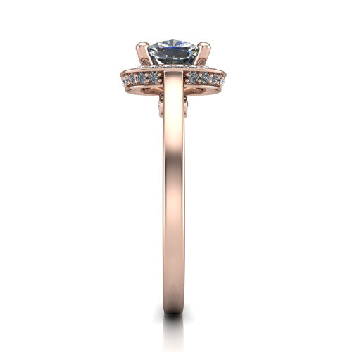 Hayden cushion halo engagement ring in 14K Rose Gold, side profile showing the plain polished band and gallery accent in profile