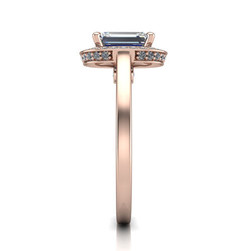 Hayden emerald halo engagement ring in 14K Rose Gold, side profile showing the plain polished band and gallery accent in profile