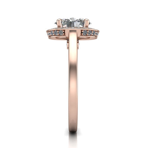 Hayden oval halo engagement ring in 14K Rose Gold, side profile showing the plain polished band and gallery accent in profile