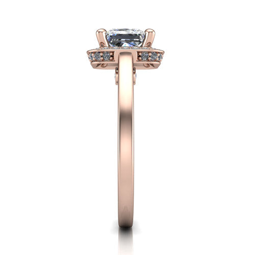 Hayden princess halo engagement ring in 18K Rose Gold, side profile showing the plain polished band and gallery accent in profile