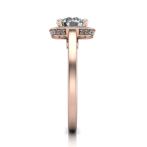 Hayden round halo engagement ring in 14K Rose Gold, side profile showing the plain polished band and gallery accent in profile