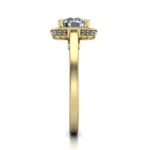 Hayden round halo engagement ring in 14K Yellow Gold, side profile showing the plain polished band and gallery accent in profile