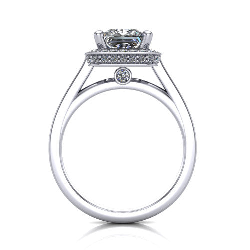 Hayden princess halo engagement ring in 14K White Gold, through-finger front profile showing the cathedral gallery with a bezel-set peekaboo diamond beneath the center
