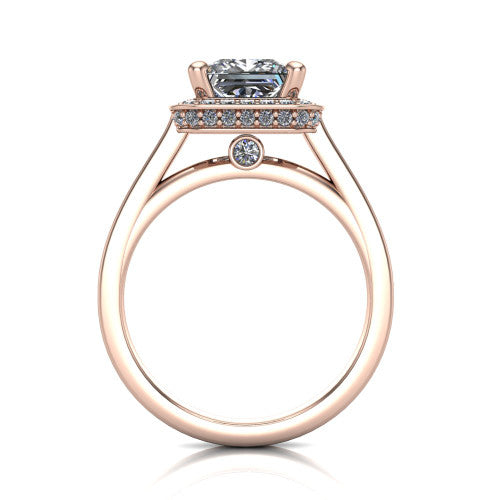 Hayden princess halo engagement ring in 14K Rose Gold, through-finger front profile showing the cathedral gallery with a bezel-set peekaboo diamond beneath the center