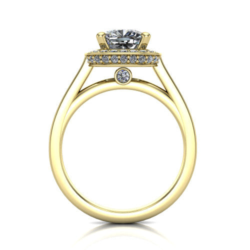 Hayden cushion halo engagement ring in 14K Yellow Gold, through-finger front profile showing the cathedral gallery with a bezel-set peekaboo diamond beneath the center