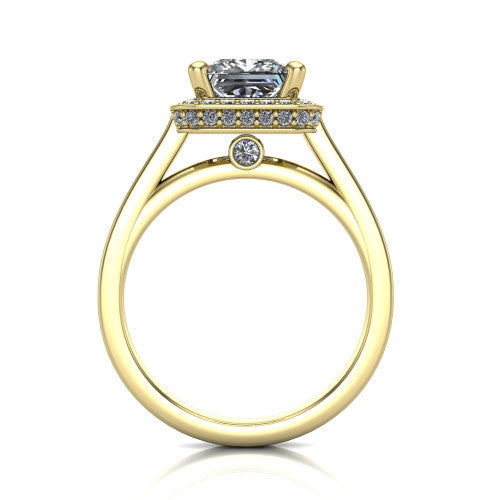 Hayden princess halo engagement ring in 14K Yellow Gold, through-finger front profile showing the cathedral gallery with a bezel-set peekaboo diamond beneath the center