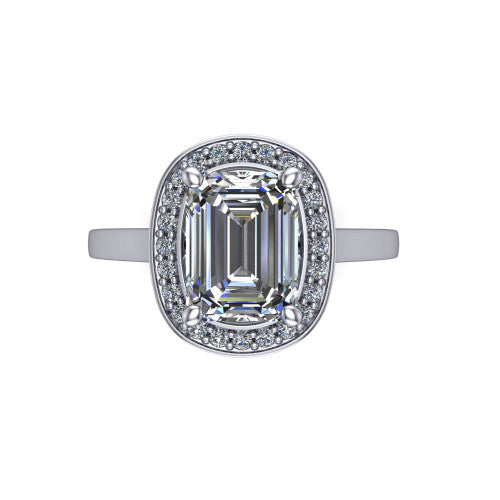 Hayden emerald halo engagement ring in Platinum, top-down view showing the center framed by a emerald pav&eacute; halo with compass prongs