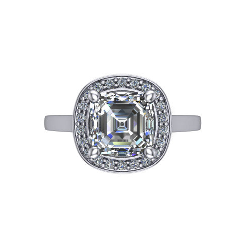 Hayden square emerald halo engagement ring in Platinum, top-down view showing the center framed by a square pav&eacute; halo with compass prongs
