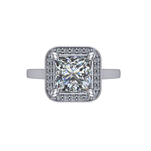 Hayden princess halo engagement ring in 14K White Gold, top-down view showing the center framed by a square pav&eacute; halo with compass prongs