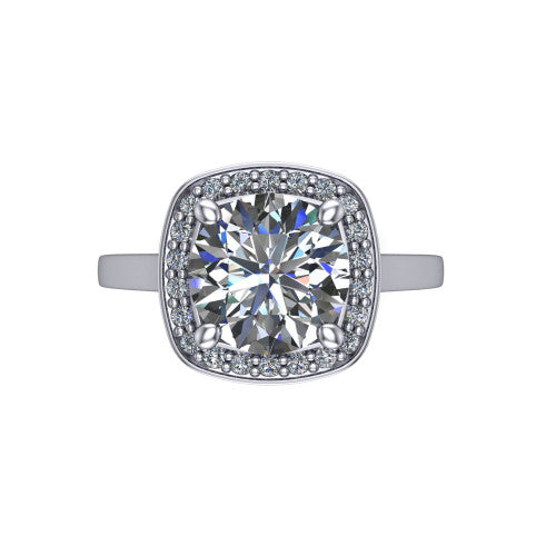 Hayden round halo engagement ring in 14K White Gold, top-down view showing the center framed by a round pav&eacute; halo with compass prongs