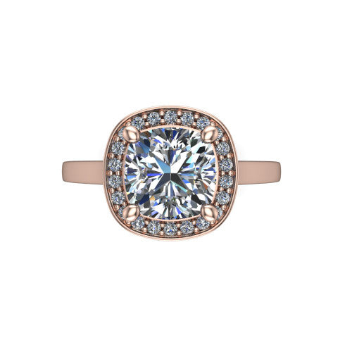 Hayden cushion halo engagement ring in 14K Rose Gold, top-down view showing the center framed by a cushion pav&eacute; halo with compass prongs