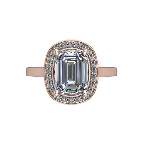 Hayden emerald halo engagement ring in 18K Rose Gold, top-down view showing the center framed by a emerald pav&eacute; halo with compass prongs