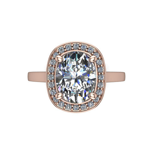 Hayden oval halo engagement ring in 14K Rose Gold, top-down view showing the center framed by a oval pav&eacute; halo with compass prongs