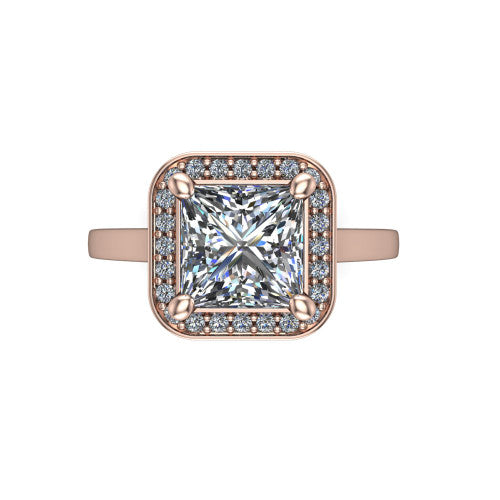 Hayden princess halo engagement ring in 14K Rose Gold, top-down view showing the center framed by a square pav&eacute; halo with compass prongs