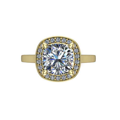 Hayden cushion halo engagement ring in 14K Yellow Gold, top-down view showing the center framed by a cushion pav&eacute; halo with compass prongs