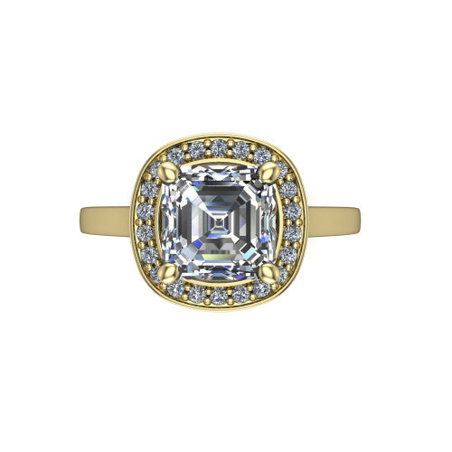Hayden square emerald halo engagement ring in 14K Yellow Gold, top-down view showing the center framed by a square pav&eacute; halo with compass prongs