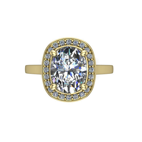 Hayden oval halo engagement ring in 14K Yellow Gold, top-down view showing the center framed by a oval pav&eacute; halo with compass prongs