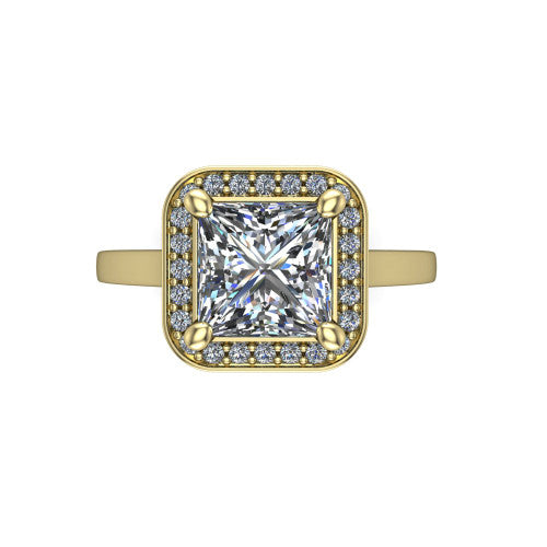 Hayden princess halo engagement ring in 14K Yellow Gold, top-down view showing the center framed by a square pav&eacute; halo with compass prongs