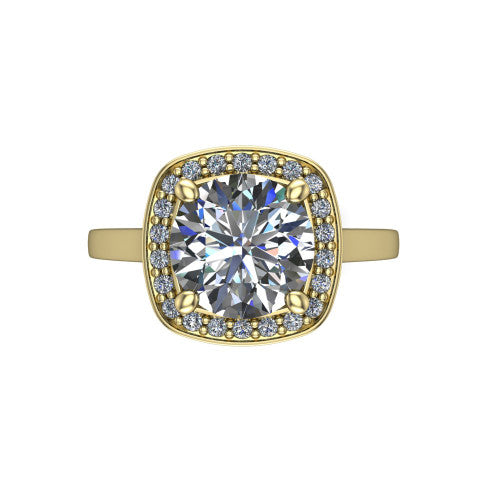 Hayden round halo engagement ring in 14K Yellow Gold, top-down view showing the center framed by a round pav&eacute; halo with compass prongs