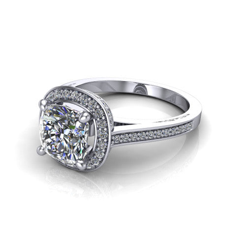 Giselle cushion halo engagement ring in 14K White Gold, three-quarter perspective showing the milgrain haloed center above a pav&eacute; band with a peekaboo gallery accent
