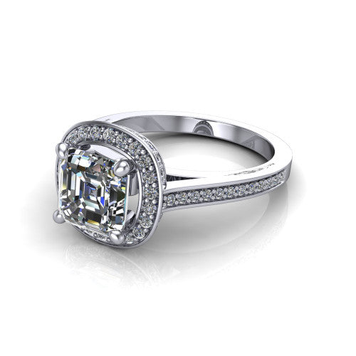 Giselle square emerald halo engagement ring in 18K White Gold, three-quarter perspective showing the milgrain haloed center above a pav&eacute; band with a peekaboo gallery accent