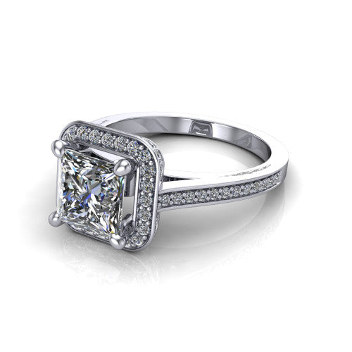 Giselle princess halo engagement ring in 14K White Gold, three-quarter perspective showing the milgrain haloed center above a pav&eacute; band with a peekaboo gallery accent