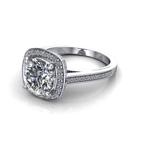 Giselle round halo engagement ring in 14K White Gold, three-quarter perspective showing the milgrain haloed center above a pav&eacute; band with a peekaboo gallery accent