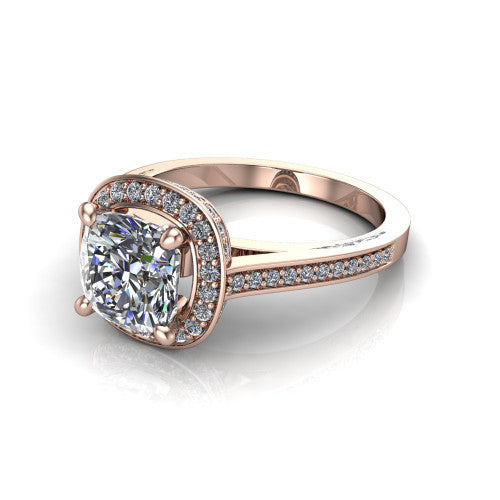 Giselle cushion halo engagement ring in 14K Rose Gold, three-quarter perspective showing the milgrain haloed center above a pav&eacute; band with a peekaboo gallery accent