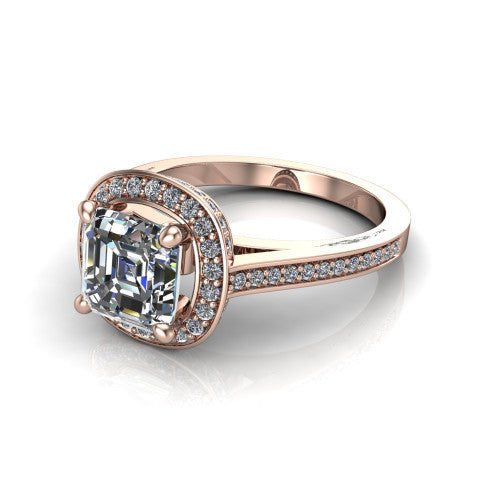 Giselle square emerald halo engagement ring in 14K Rose Gold, three-quarter perspective showing the milgrain haloed center above a pav&eacute; band with a peekaboo gallery accent