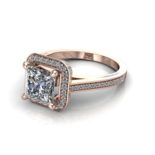 Giselle princess halo engagement ring in 18K Rose Gold, three-quarter perspective showing the milgrain haloed center above a pav&eacute; band with a peekaboo gallery accent