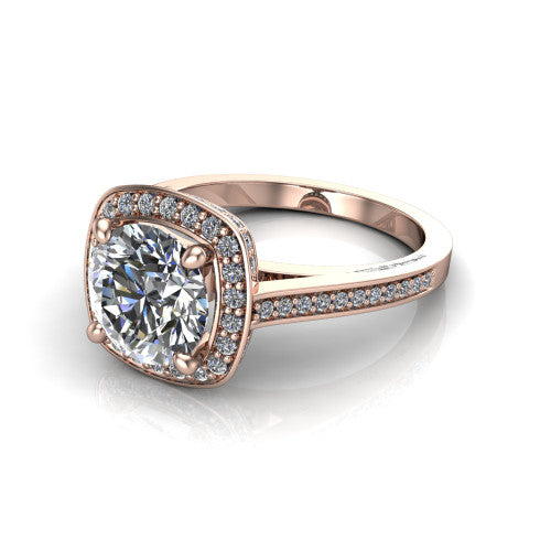 Giselle round halo engagement ring in 14K Rose Gold, three-quarter perspective showing the milgrain haloed center above a pav&eacute; band with a peekaboo gallery accent
