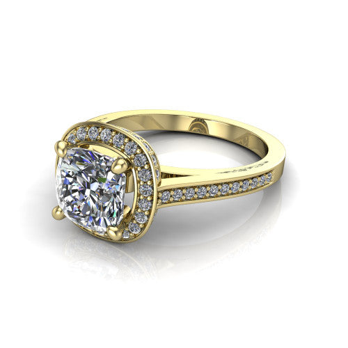 Giselle cushion halo engagement ring in 14K Yellow Gold, three-quarter perspective showing the milgrain haloed center above a pav&eacute; band with a peekaboo gallery accent