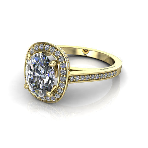 Giselle oval halo engagement ring in 14K Yellow Gold, three-quarter perspective showing the milgrain haloed center above a pav&eacute; band with a peekaboo gallery accent