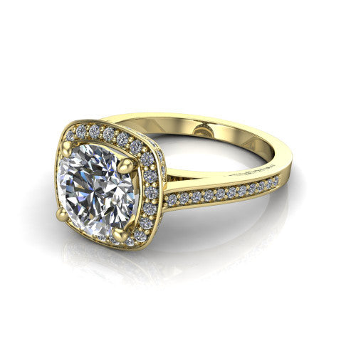 Giselle round halo engagement ring in 14K Yellow Gold, three-quarter perspective showing the milgrain haloed center above a pav&eacute; band with a peekaboo gallery accent