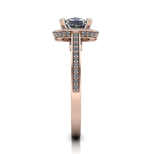 Giselle cushion halo engagement ring in 18K Rose Gold, side profile showing the milgrain pav&eacute; band and gallery accent in profile
