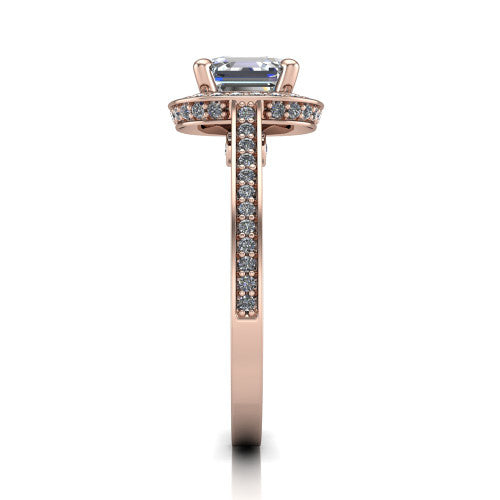 Giselle square emerald halo engagement ring in 18K Rose Gold, side profile showing the milgrain pav&eacute; band and gallery accent in profile